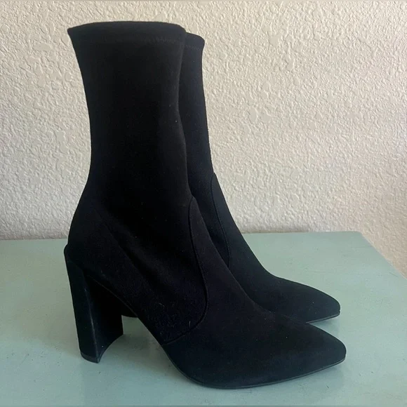 Stuart Weitzman Brandie 75 Mid Calf Black Suede Sock Booties 10